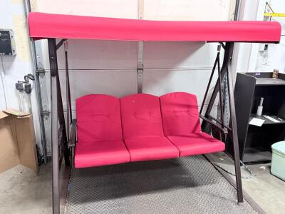 3-Seater Outdoor Porch Swing with Adjustable Canopy, Metal Frame, Bright Pink Cushions