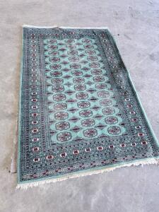 Hand-Knotted Pakistani Bokhara Rug, 6x4 ft, Wool Pile, Teal & Burgundy, Elephant Foot Motif