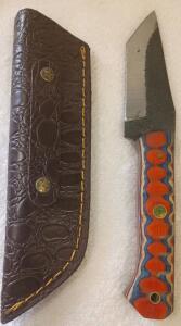 Custom Fixed Blade Knife with Wharncliffe Blade, Full Tang, and Embossed Leather Sheath 6"