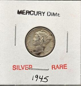 1945 Mercury Dime, 90% Silver, Philadelphia Mint, Classic U.S. Coin, Circulated