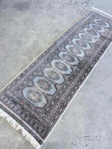 Hand-Knotted Pakistani Bokhara Wool Runner Rug, 10' x 2.5', Blue/Gray, Geometric Medallion Design