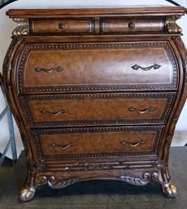Ornate Bombe Roll Top Secretary Desk, Carved Wood, 7 Drawers, Baroque Style, Approx. 44"x24"x48"