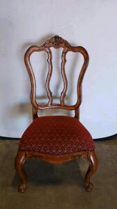 Ethan Allen Ornate Queen Anne Style Dining Chair, Carved Hardwood, Red Damask Upholstery, Cabriole Legs