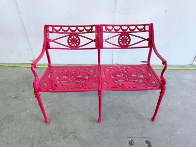 2-Seater Ornate Metal Garden Bench, Red, Victorian Style, Cast Iron, Decorative Scrollwork