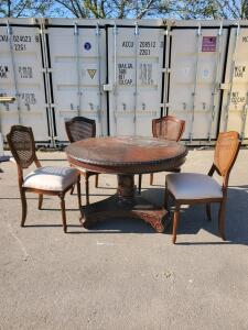 Round Pedestal Dining Table with 4 Upholstered Shield Back Caned Chairs, Carved Wood, 48&rdquo; Diameter
