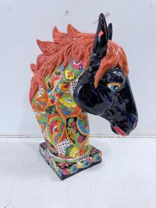 Talavera-Style Hand-Painted Ceramic Horse Head Sculpture, 14" x 10" x 7", Multicolor Design