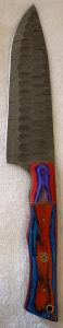 Custom Damascus Steel Santoku Knife, 7" Blade, Full Tang, Multicolor Wood, Mosaic Pin