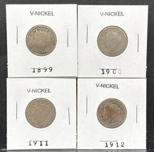 Four Liberty Head V Nickels &ndash; 1899, 1900, 1911, 1912, Barber Design, 5-cent U.S. Coins