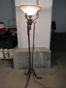 Vintage Bronze Torchiere Floor Lamp with Frosted Glass Shade, Ornate Tripod Base, 70 in Tall