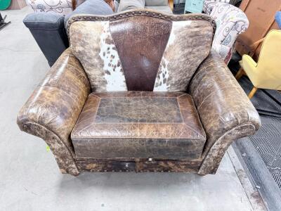 Western Leather & Cowhide Loveseat, Nailhead Trim, Rolled Arms, 60" x 40", Rustic Style
