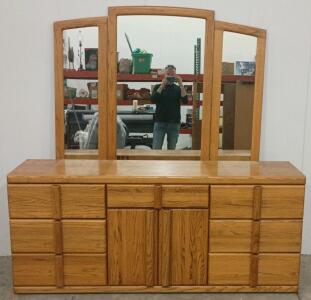 Oak Dresser with Tri-Fold Mirror, 7 Drawers, 2 Doors, Integrated Wood Pulls - 72"x32"x17" Dresser, Mirror 72" tall