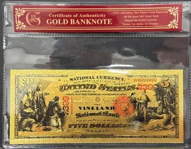 24K Gold-Plated U.S. $5 Vineland National Banknote Replica, COA, WR999999 Serial, Display Collectible