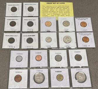 U.S. Indian Head Cent Lot (1899-1907), Uncirculated Wheat Cents, Modern & Foreign Coins x18
