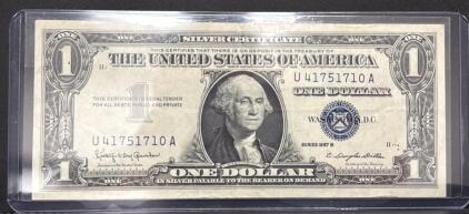 1957B $1 Silver Certificate Note, Blue Seal, Serial U41751710A, Dillon-Granahan Signatures