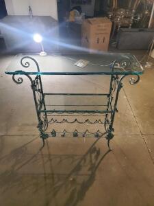 Vintage Wrought Iron and Glass Console Table with Integrated 8-Bottle Wine Rack