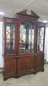 Georgian-Style Mahogany Breakfront China Cabinet, Glass Panel Doors, Carved Trim, 7 Doors