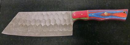 Custom Damascus Nakiri Knife with Multi-Color Handle and Mosaic Pin