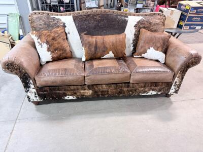 Western-Style Cowhide & Leather Sofa, 3-Seat, Nailhead Trim, Rolled Arms, 90" Width, Pillows Included