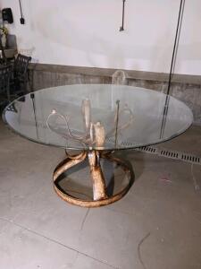 54" Round Glass Top Dining Table with Sculptural Metal Base, Artistic Gold/Bronze Patina