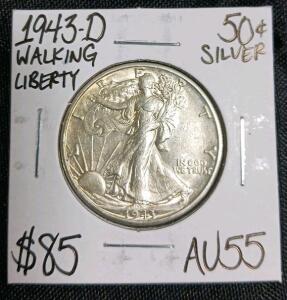1943-D Walking Liberty Half Dollar, AU55, 90% Silver, 11.346M Mintage