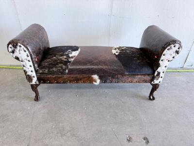Western Cowhide & Leather Bench with Nailhead Trim, Rolled Arms, Hardwood Legs, 55" Long