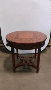 Ornate Round Wooden Side Table with Inlays and Pull-Out Drink Slides