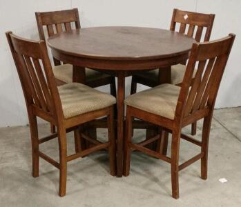 5-Piece Pub Height Dining Set: 42" Round Table & 4 Slat-Back Chairs, Wood, Beige Seats
