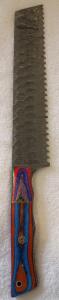 Custom Damascus Bread Knife with Serrated Edge and Colorful Wood Handle