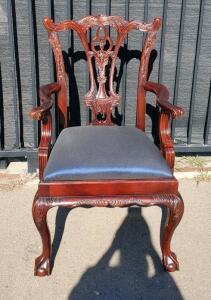 Ornate Chippendale-Style Mahogany Armchair, Ball-and-Claw Feet, Blue Upholstery, Hand-Carved