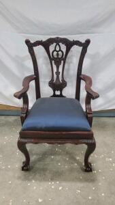 Ornate Chippendale-Style Mahogany Armchair, Ball-and-Claw Feet, Blue Upholstery, Hand-Carved