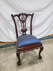 Chippendale Style Mahogany Dining Chair, Carved Back, Cabriole Legs, Upholstered Seat, Ball-and-Claw Feet