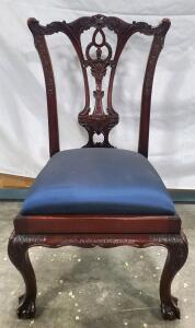 Chippendale Style Mahogany Dining Chair, Carved Back, Cabriole Legs, Upholstered Seat, Ball-and-Claw Feet