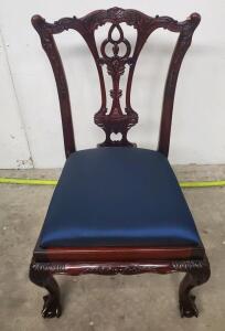 Chippendale Style Mahogany Dining Chair, Carved Back, Cabriole Legs, Upholstered Seat, Ball-and-Claw Feet