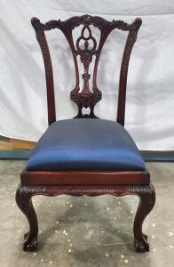 Chippendale Style Mahogany Dining Chair, Carved Back, Cabriole Legs, Upholstered Seat, Ball-and-Claw Feet