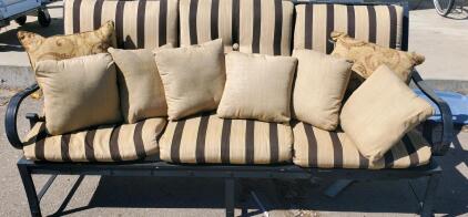 Outdoor Patio Sofa with Black Metal Frame, Beige/Brown Striped Cushions, 3-Seater, 75" L x 26" W x 32" H