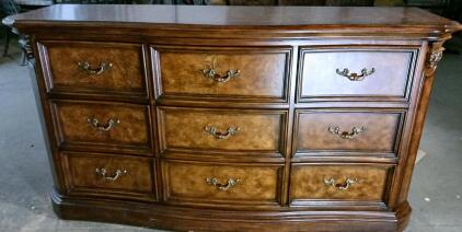 Traditional 9-Drawer Wooden Dresser, Bow Front, Ornate Carved Accents, Metal Hardware, 70" Wide