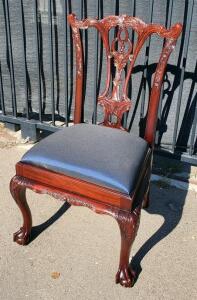 Chippendale Style Mahogany Dining Chair, Carved Back, Cabriole Legs, Upholstered Seat, Ball-and-Claw Feet