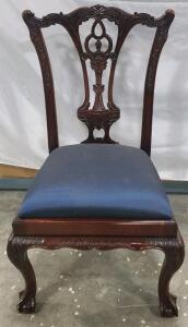 Chippendale Style Mahogany Dining Chair, Carved Back, Cabriole Legs, Upholstered Seat, Ball-and-Claw Feet