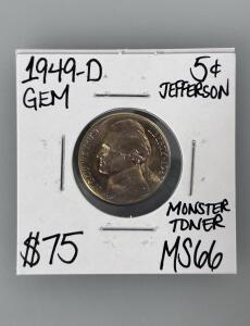 1949-D Jefferson Nickel, MS66, Exceptional Multi-Color Toning