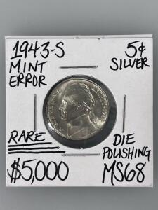 1943-S Jefferson Wartime Silver Nickel, MS68, Die Polishing Error, San Francisco Mint