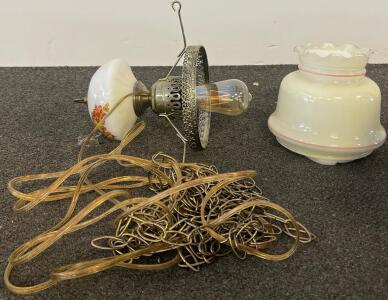 Vintage Hanging Milk Glass Ceiling Lamp, Pink Accents, Chain Mount, Floral Motif, ~1960s-80s
