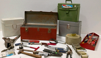 Mixed Tool Lot: 4 Toolboxes, Hand Tools, Ratchet Strap, Cable Puller, 30+ Pieces Assorted