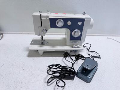 National Model 200 Electric Sewing Machine Japan Heavy-Duty, Foot Pedal, Vintage Blue/White