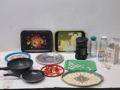 (7) Assorted Food Trays, (2) Metal Pans, (2) Glass Jugs, & More!