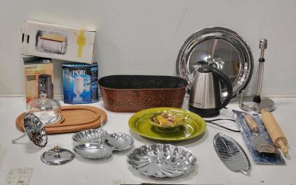 (1) Goodwood Teakwood Cheese Tray By Julie Pomerantz, (1) PUR Water Filtration System, (1) Brentwood Electric Can Opener, (1) Hamilton Beach Electric Kettle, & More!