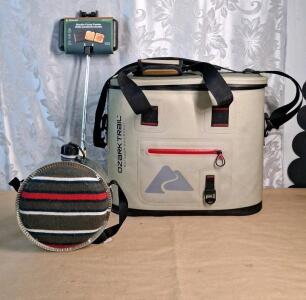 (1) Ozark Trail 30 Can Soft Side Leak Tight High Preformance Cooler, (1) Coghlans Cast Iron Double Grilled Sandwich Cooker & (1) Canteen