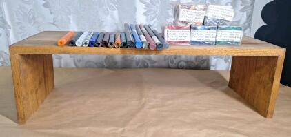 (1) Wood Shelf 27"L x 9"W x 8"T, (5) Assorted Color Cast Acrylic Blocks, 2" x 2" x 2-1/2", (5) Assorted Color Cast Acrylic Rods, 14"L & (10) Assorted Color Cast Acrylic Pen Blanks, 5"L