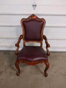 Ornate Victorian Style Armchair, Carved Wood Frame, Burgundy Upholstery, Cabriole Legs