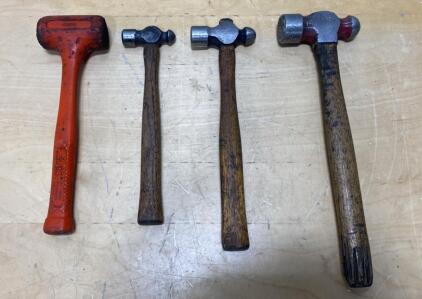 Set of Ball-Peen Hammers (3 Sizes) & Orange Dead Blow Hammer, Wood Handles, Steel Heads