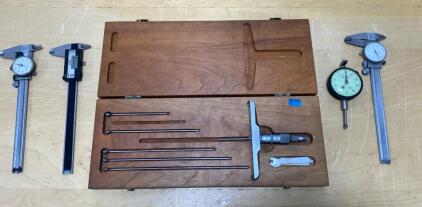 Scherr Tumico Depth Micrometer Set 0-6" with Case, Dial & Digital Calipers, Indicator